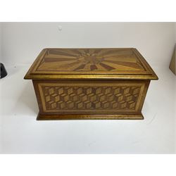 19th Century mahogany and parquetry box of rectangular form, geometric cube design, with a stylised sun detail to the hinged cover, opening to reveal three compartments, L33cm D21cm H16cm
