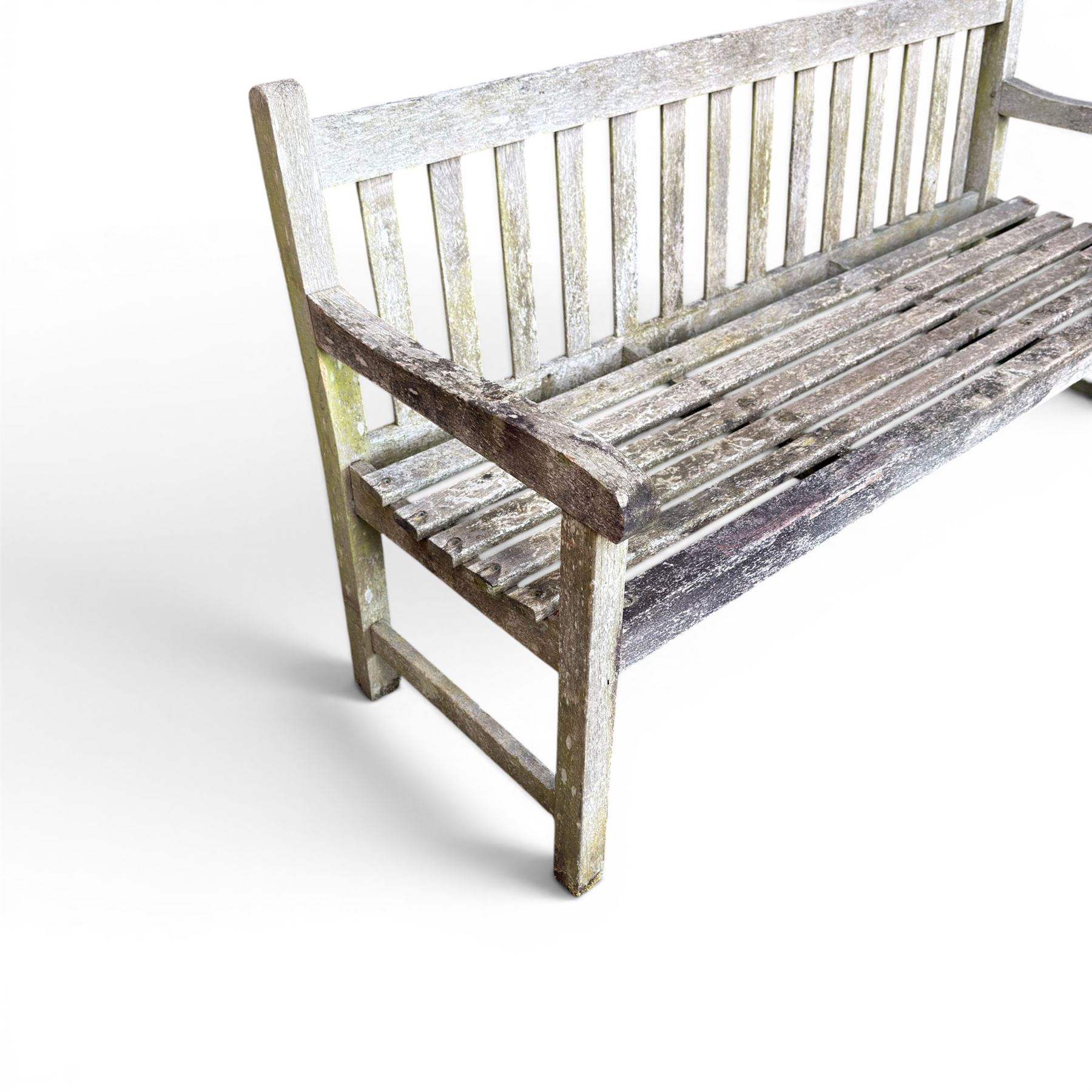 Weathered teak garden bench, slatted seat and back, square form arms and legs