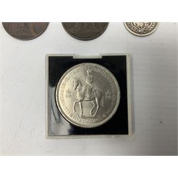 Queen Victoria 1889 crown coin, two Queen Elizabeth II five pound coins, pre-decimal coinage etc
