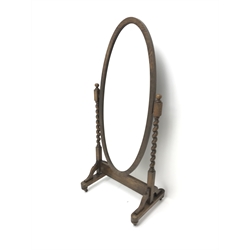  Early 20th century cheval mirror, barley twist supports, W67cm, H153cm, D46cm  