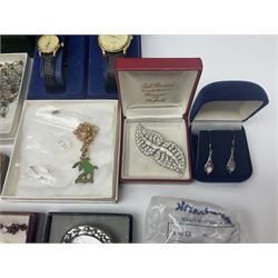 Pair of 9ct gold screw back earrings, silver dolphin jewellery, including necklace, bracelet, ring and earrings, other silver jewellery, two Sekonda wristwatches and a collection of costume jewellery 
