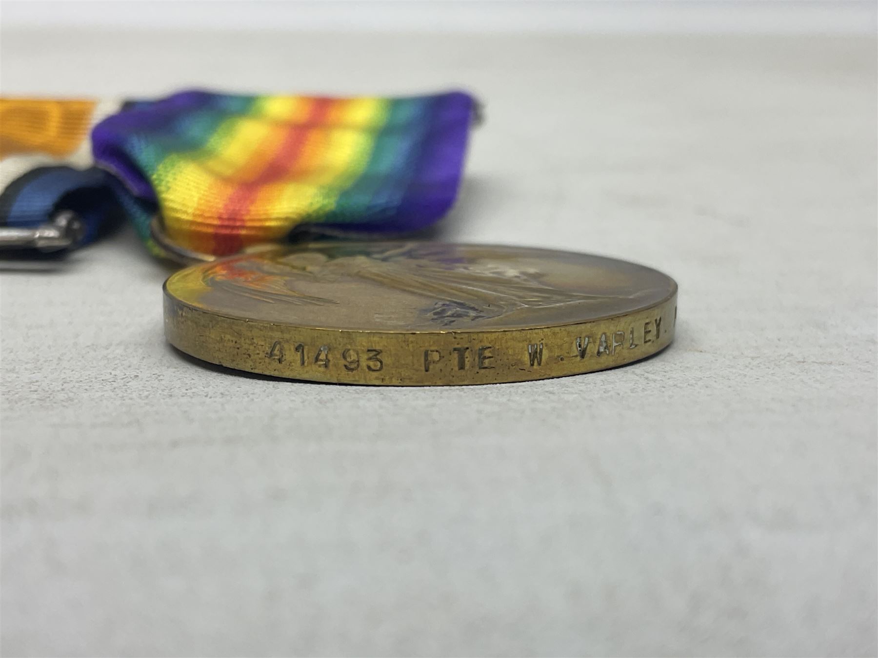 WW1 group of three medals comprising British War Medal, 1914-15 Star and Victory Medal awarded to 41493 Pte. W. Varley R.A.M.C.; all with ribbons