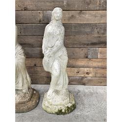 Four cast stone maiden figures, small bird bath and planter
