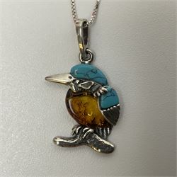 Silver Baltic Amber and Turquoise Kingfisher Pendant Necklace. Stamped 925.

This sweet little silver Kingfisher is made with Baltic Amber, also known as 'nature's time capsule' because of its prehistoric origins and ability to preserve organisms from millions of years ago. Paired with turquoise gemstones and some lovely detailing on the silver, this item makes for a very pretty piece of jewellery.  