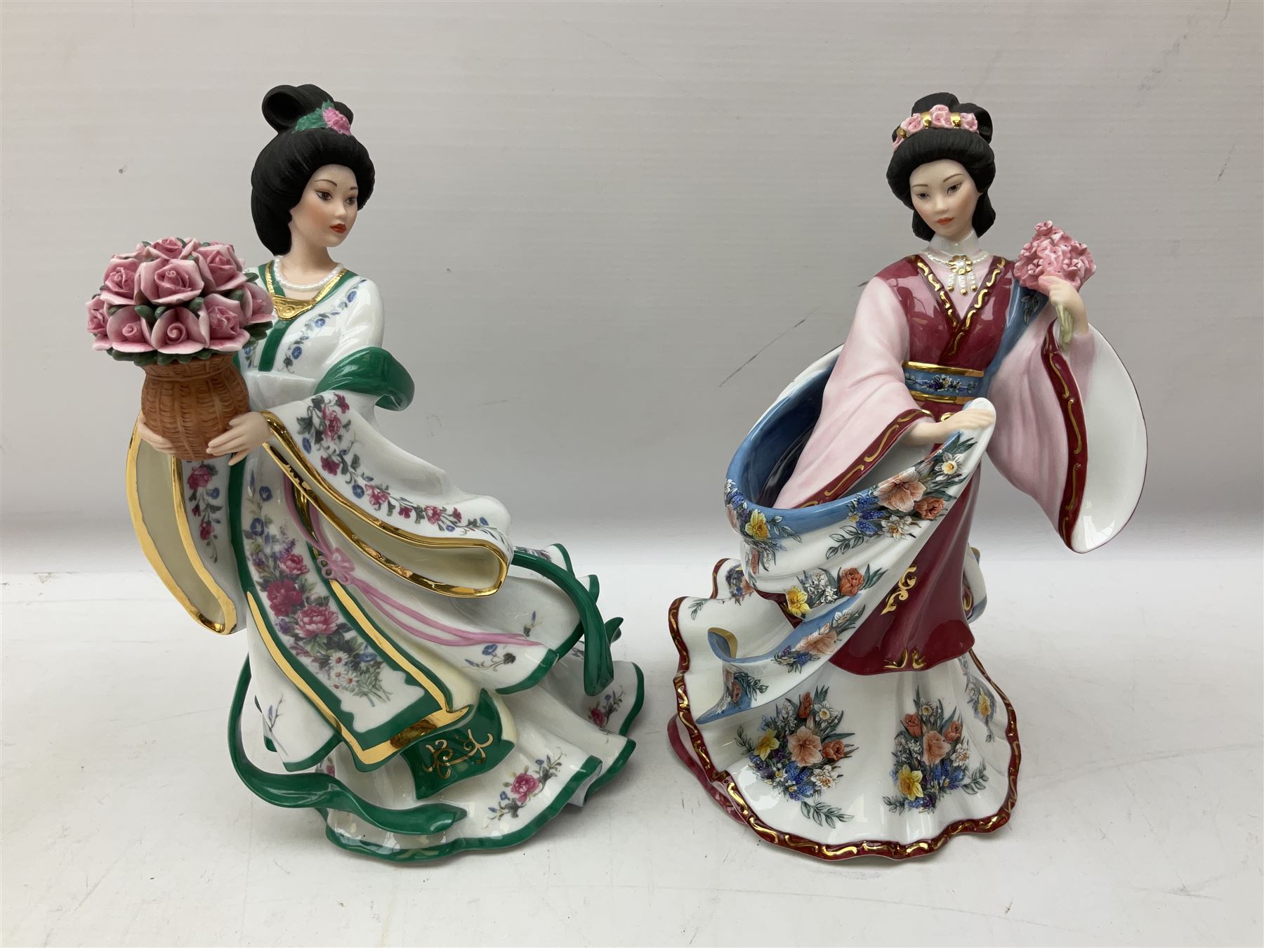 Five Danbury Mint Princess figures by Lena Liu, comprising Harp Princess, Plum Blossom Princess, Chrysanthemum Princess, Rose Princess and Iris Princess, one with certificate, all with marks beneath