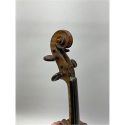 French Mirecourt violin c1920s with 36cm one-piece maple back and ribs and spruce top, labelled Jermone Thibouville-Lamy, L59cm, in fitted carrying case with German bow and 1984 valuation certificate by Frome Valley Music