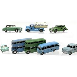 Chad Valley Wee-Kin - six unboxed and playworn clockwork models comprising Milk Tanker; Hillman Minx and another saloon car; Commer Avenger Coach; and two double deck buses; together with Tri-ang Spot-On Armstrong Siddeley Sapphire and BMW Isetta bubble car (8)