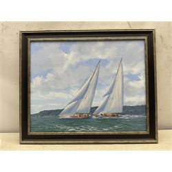 George Drury (British 1950-): 'Velsheda and Endeavour Racing On the Solent', oil on board signed, titled verso 38cm x 48cm 