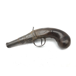  19th century flintlock pocket pistol with 5cm cannon end barrel, action stamped Tower London, bulbous figured walnut stock, L17.5cm, lacks hammer  