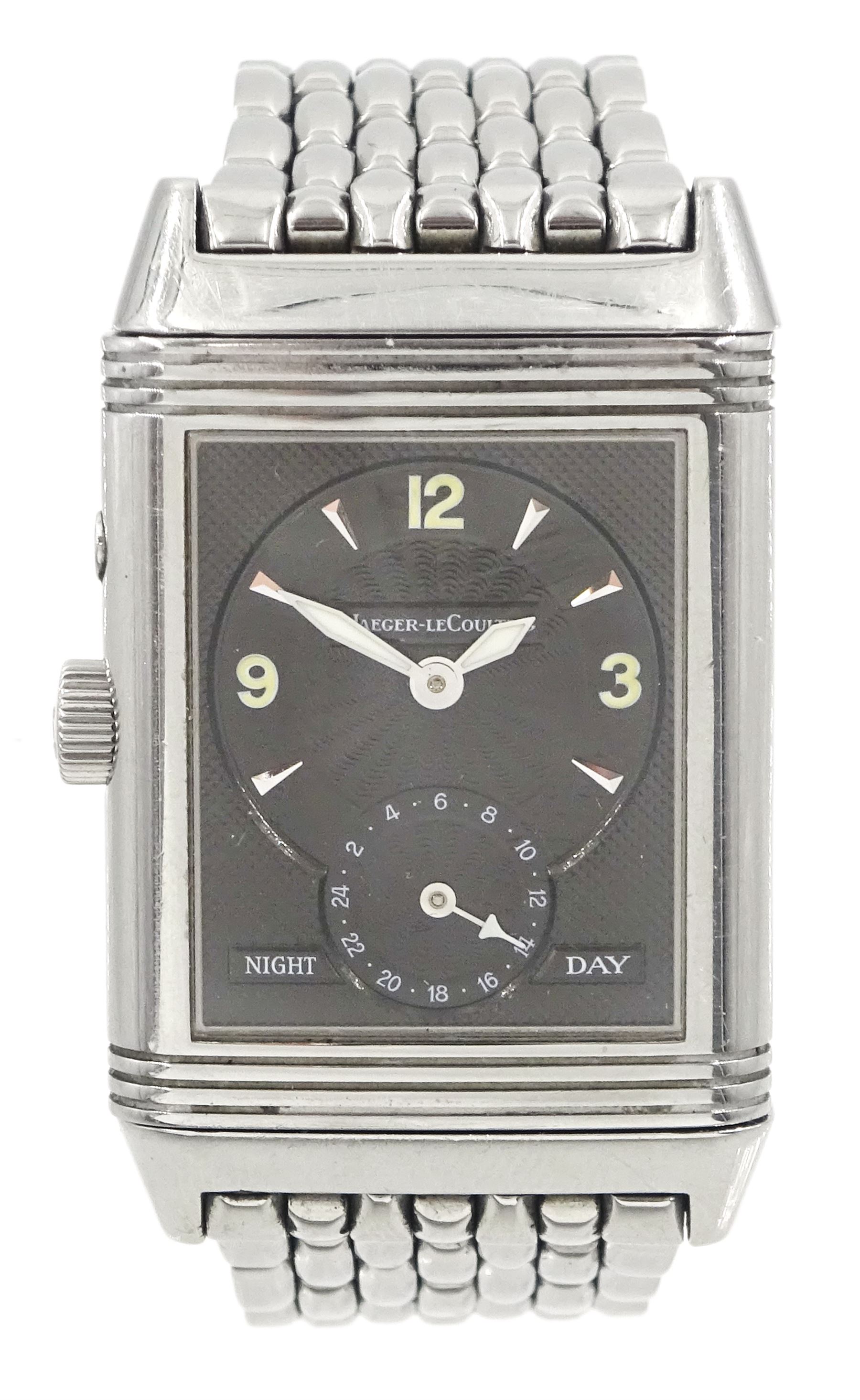 Jaeger-LeCoultre Reverso Duoface Night & Day gentleman's stainless steel manual wind wristwatch, Ref. 270.8.54, silvered dial with Arabic numerals with subsidiary seconds dial, reversing to a second black engine turned dial, Arabic and dagger numerals, subsidiary day/night dial, on Jaeger-LeCoultre stainless steel bracelet, boxed with service papers dated 2019 and 2020 and additional links