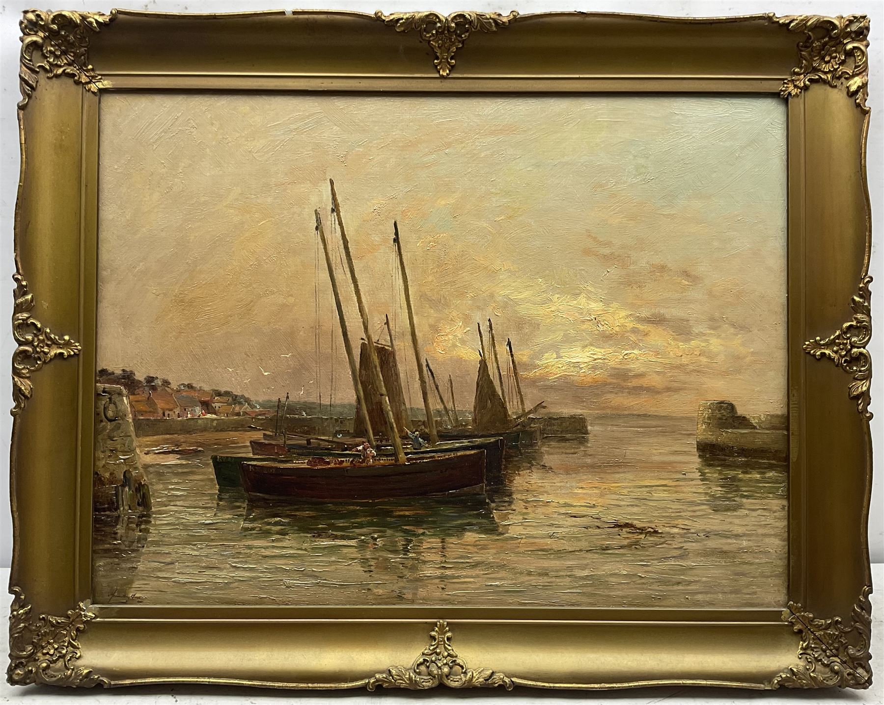 John Hamilton Glass (Scottish 1820-1885): 'Fishing Boats Waiting for the Tide', oil on canvas signed, titled on the stretcher 45cm x 60cm