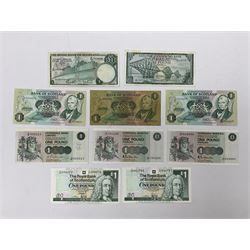 Irish and Scottish banknotes to include Bank of Ireland 5 January 1939 ‘B15’ one pound, two Bank of Scotland 1964 ‘AD07’ and ‘AF05’ one pound notes, one 1966 ‘CQ77’ one pound, and further notes from Clydesdale Bank, National Commercial Bank of Scotland Ltd. etc, housed in plastic sleeves