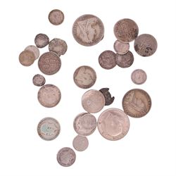 Approximately 100 grams of Great British pre-1920 silver coins, including some hammered, Elizabeth I 1564 threepence, Anne 1709 shilling, etc