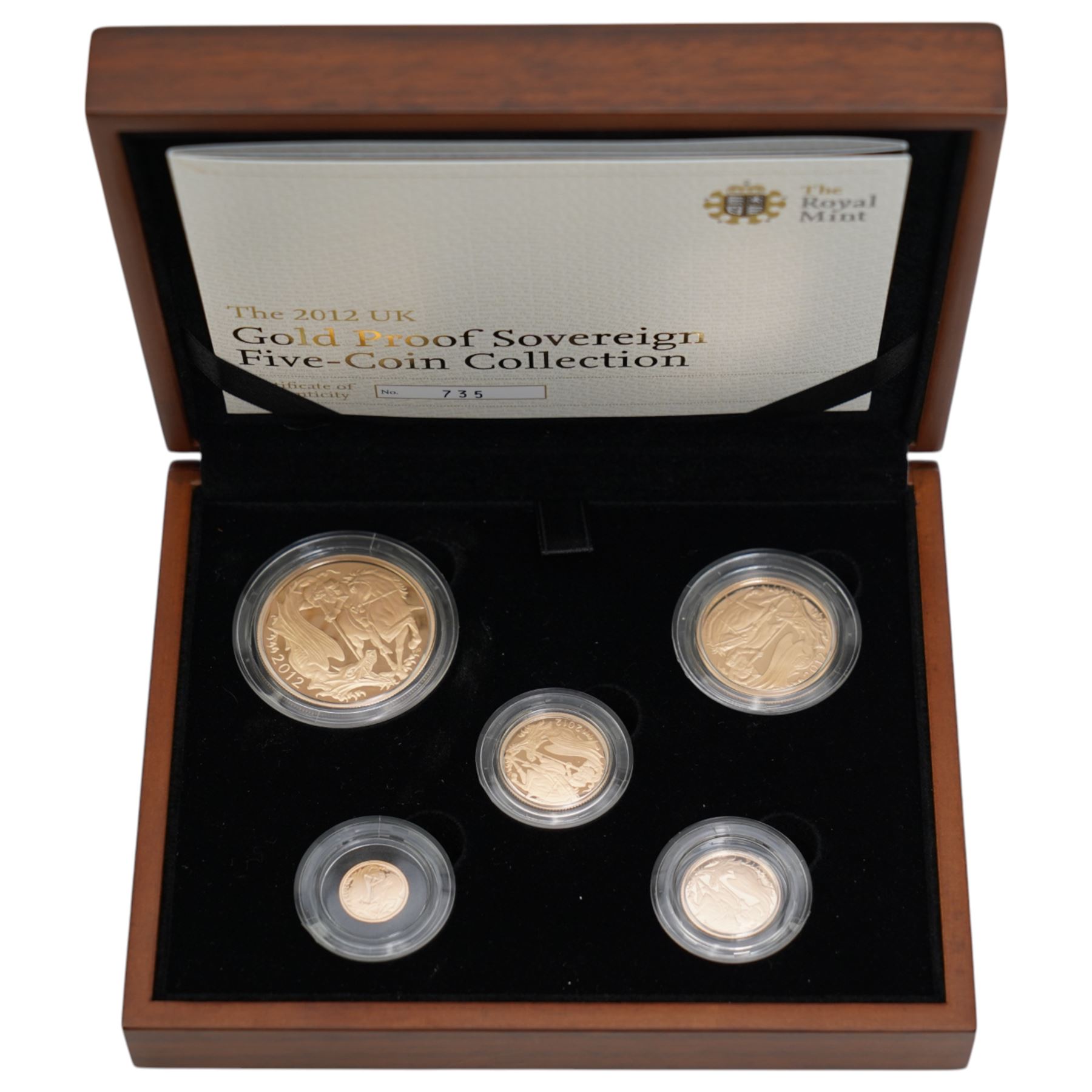 The Royal Mint United Kingdom 2012 Gold Proof Sovereign Five Coin Collection, in case with certificate