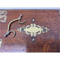 Brass mounted oak humidor, the slide action top opening to a base drawer, cedar lined with central compartment and striker, the drawer stamped Rd 107198, H17cm, D18cm