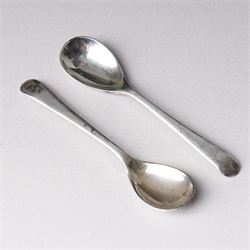 Pair of late Victorian silver salts of oval panel sided design with scroll handles and shaped supports Birmingham 1899 Maker Henry Matthews and two later silver salt spoons 