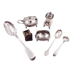 Group of silver, comprising three piece cruet set, hallmarked Walker & Hall, Chester 1940, Victorian table Fiddle pattern table spoon, hallmarked Henry Holland, London 1862, thimble commemorating the Queen's Coronation, hallmarked Henry Griffith & Sons Ltd, Birmingham 1953,  and two hallmarked silver spoons