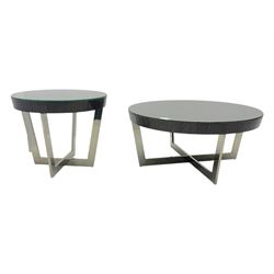 Napoli retailed by Sofology Coffee table (Diameter 90cm, Height 40cm) and matching Lamp table (Diameter 60cm, Height 50cm) both on a chrome cross frame base with glass tops 