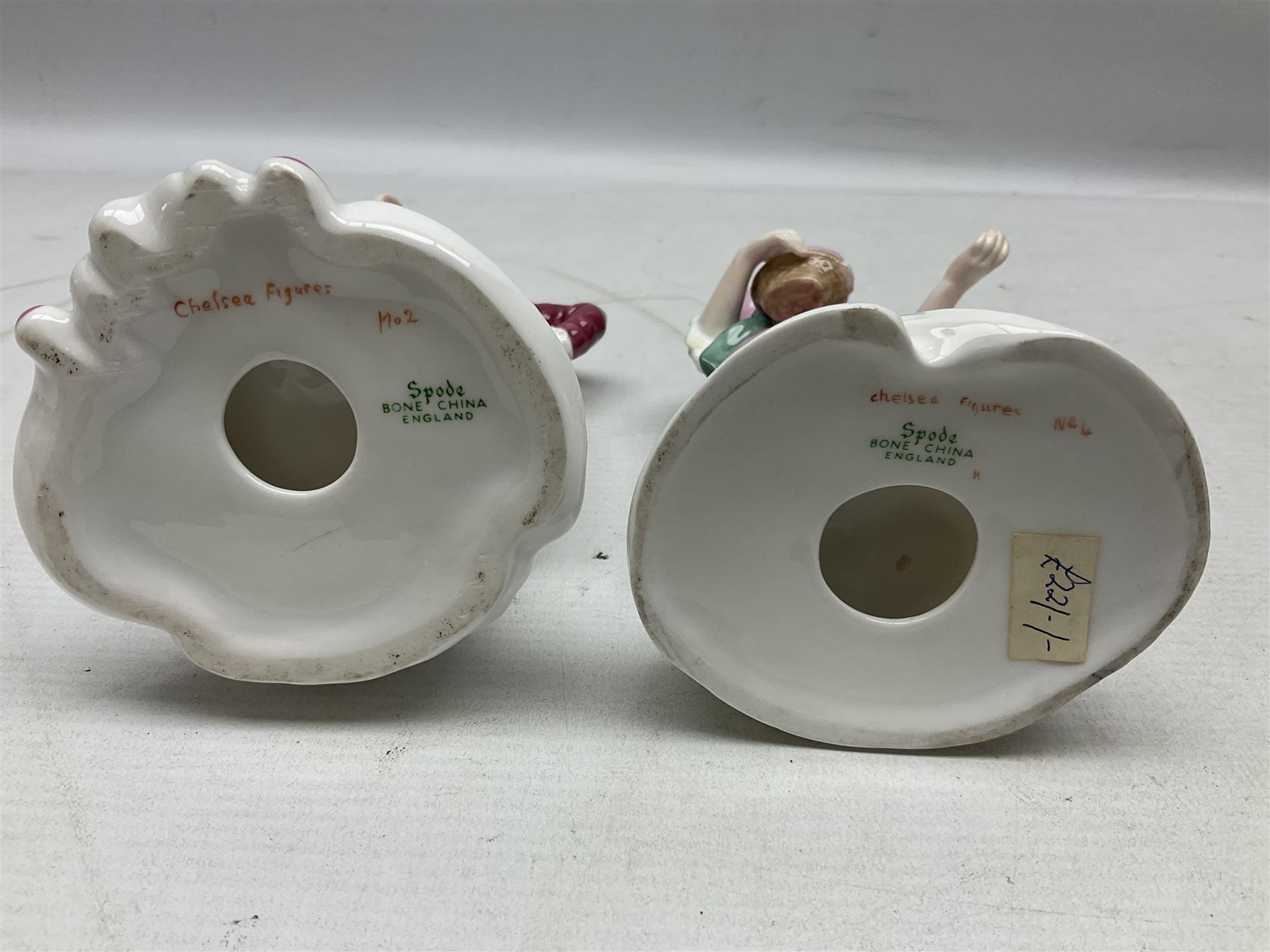 Seven Spode Chelsea figures, comprising no.1, no.2, no.3, no.4, no.6 and two further smaller examples, together with a Dresden figure of a gentleman, no. K10003, and a Delft style figure of a boy, some with boxes, tallest H23cm (9)