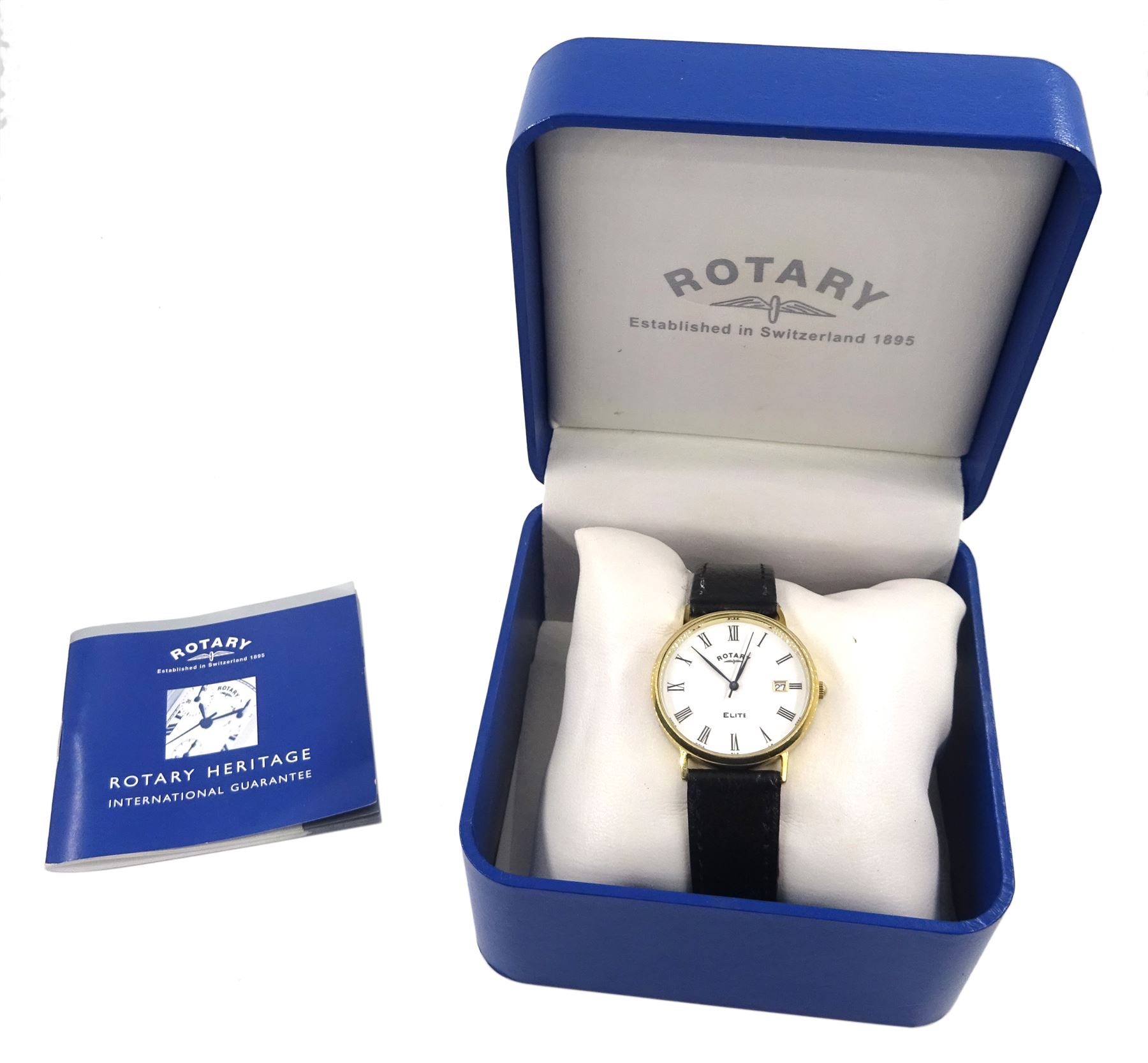 Rotary Elite gentleman's 9ct gold quartz wristwatch, white dial with date aperture, on black leather strap, boxed