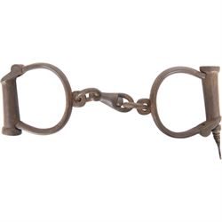 Set of No.8 Hiatt warranted wrought police handcuffs with key, together with another set of shackles, marked hard 