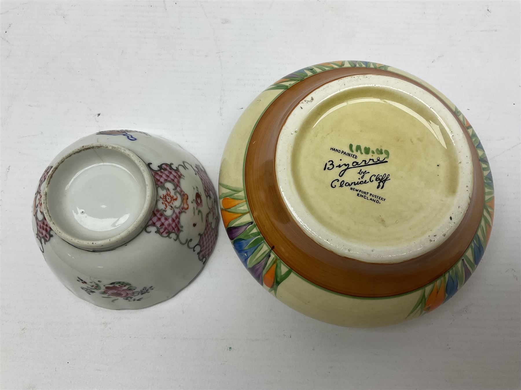 20th century Clarice Cliff Bizarre Crocus pattern bowl, printed marks beneath, D13cm, Staffordshire figure group, and a small tea bowl