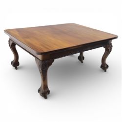19th century mahogany extending dining table and eight chairs, rectangular top with rounded corners and additional leaves, plain frieze with carved gadrooned edge detail, raised on cabriole supports terminating in ball and claw feet, together with a set of eight mahogany dining chairs including two carvers, the chairs with curved top rails and pierced splats, upholstered drop-in seats, on turned supports

(Table extends to 312cm)