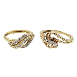 Gold baguette and round brilliant cut diamond crossover ring and one other five stone diamond crossover ring, both hallmarked 9ct