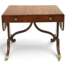 Early 20th century Regency Revival figured mahogany sofa table, rectangular drop-leaf top ...