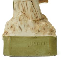 Pair of Royal Dux figures of agricultural workers modelled by Alois Hampel, one holding a scythe, the other sewing wheat model numbers 1457 and 1458 H32cm 