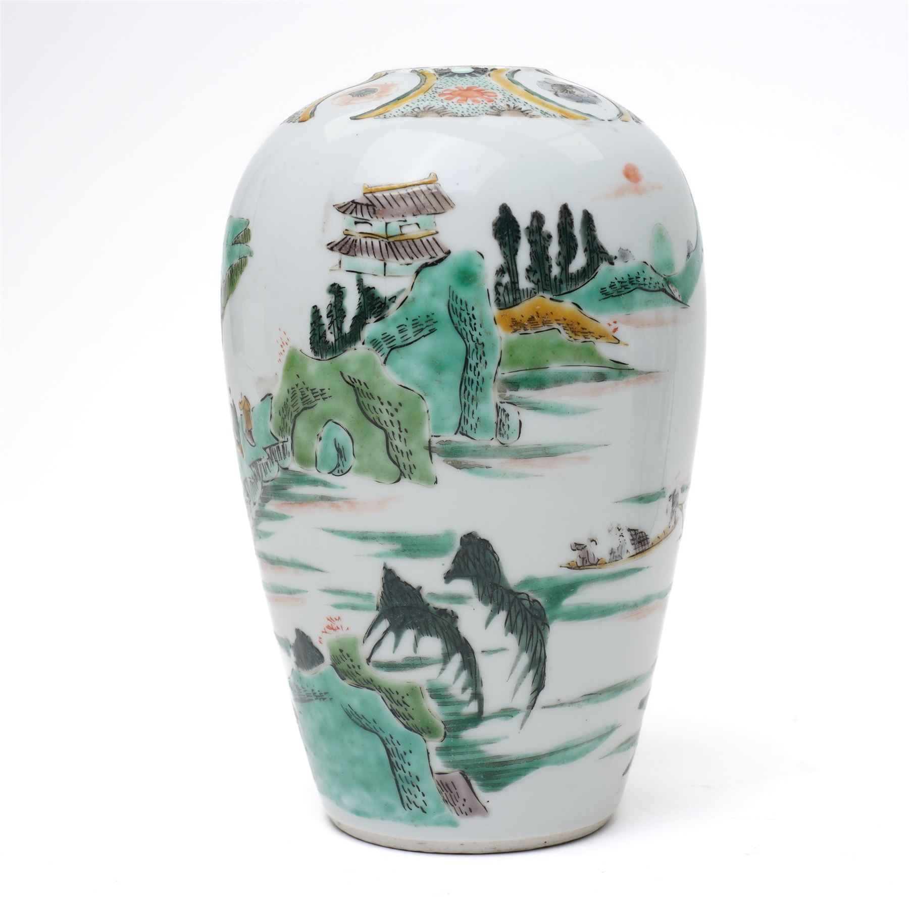 Chinese 18th/19th century Ming dynasty ceremonial teapot carrier, each side painted with scenes of ladies attending a tea ceremony, the internal teapot also painted with ladies in traditional dress, H13cm; together with a Chinese famille verte vase, painted with a traditional landscape, archaic mark to base, H14.5cm 