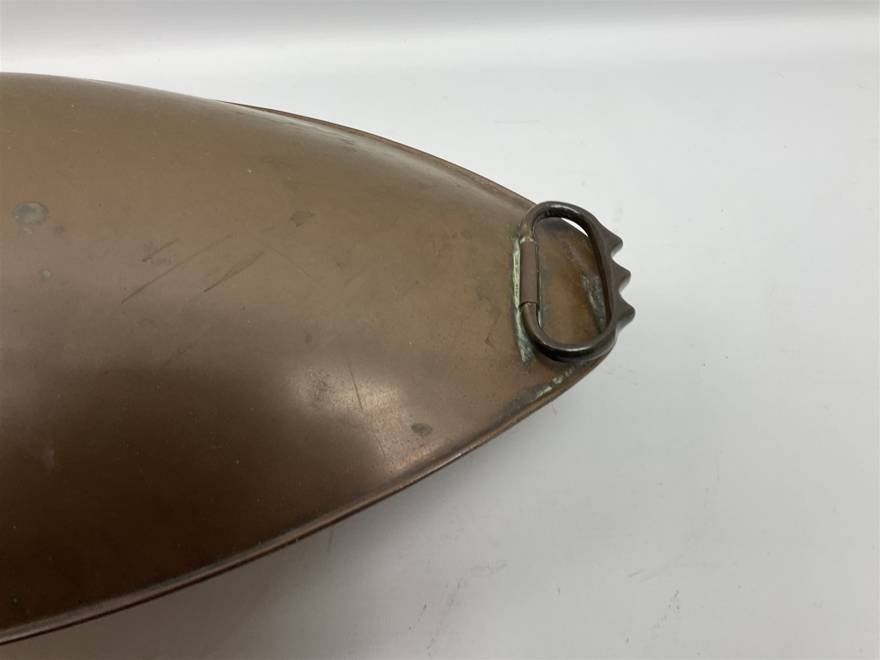 Victorian copper carriage foot warmer of flattened oval form with two carrying handles, L70cm