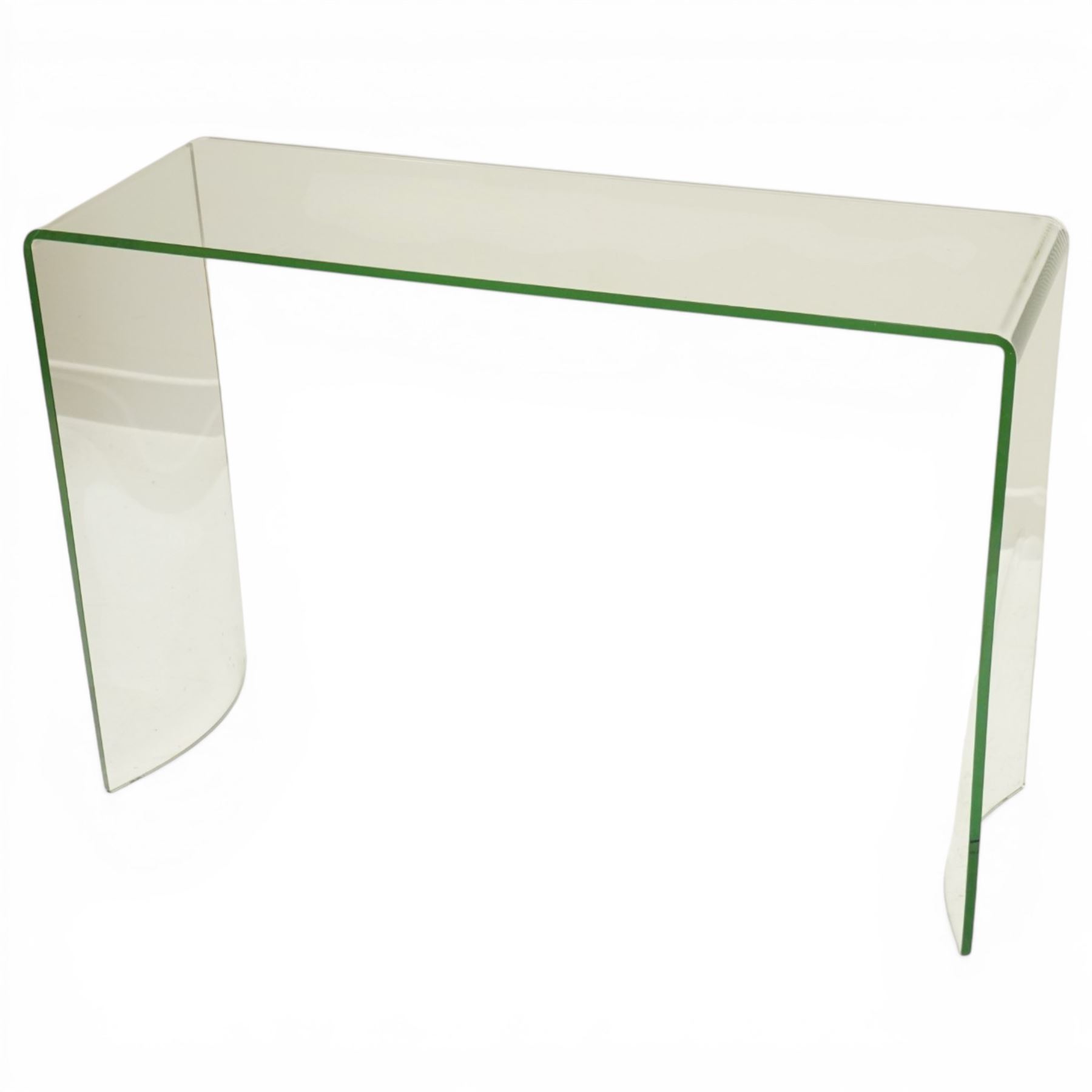 Ochre - contemporary glass console table, rectangular top over shaped twin end supports with concave terminals