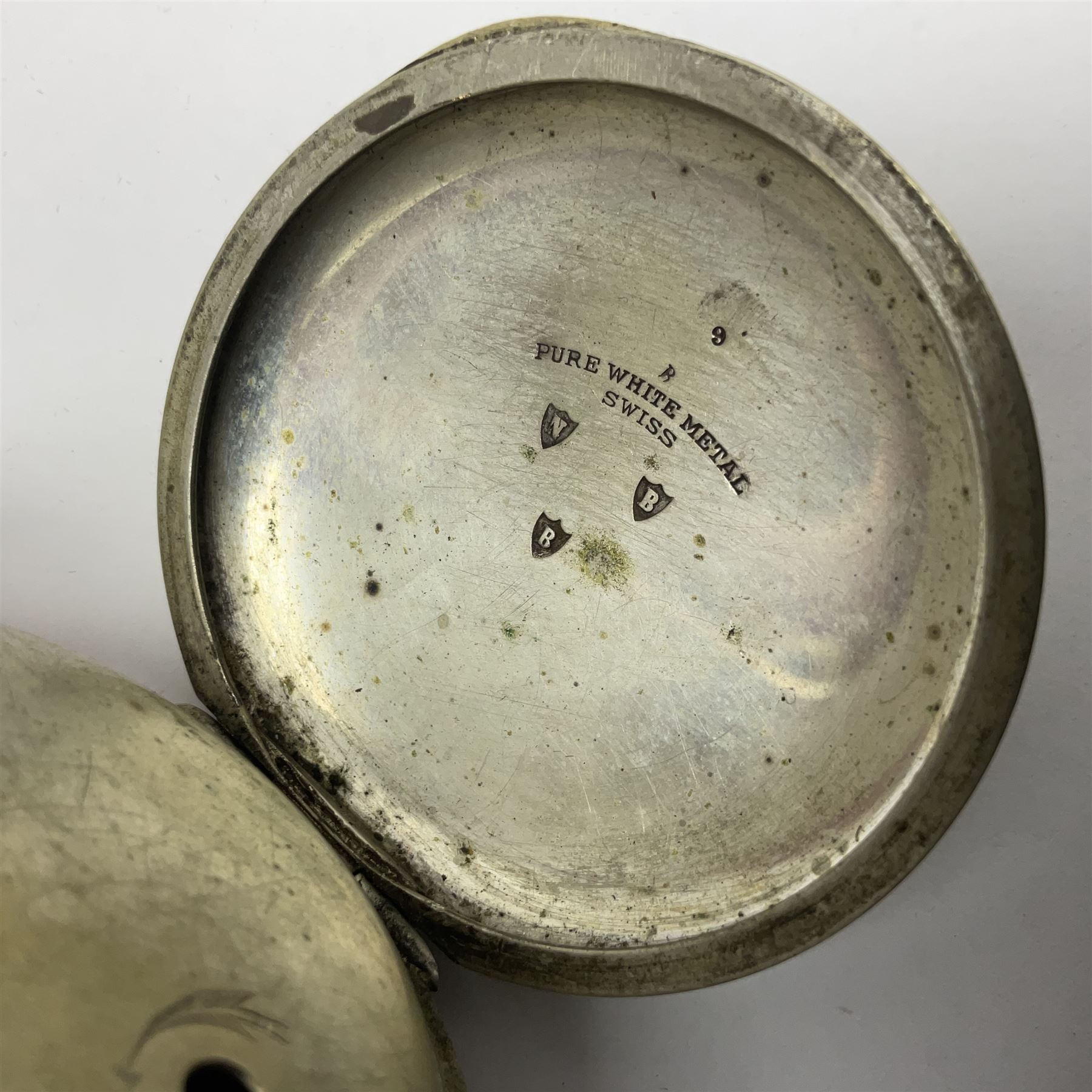 White metal pocket watch, the enamel dial with Roman numerals and blued-steel hands, inscribed R Jacobs Hull, Swiss Made, with subsidiary second dial, the inner cover verso impressed Pure White Metal Swiss