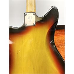 Fender three-tone Sunburst 12-string electric guitar c1965/6 Fullerton USA, with alder body and maple neck, the Indian rosewood fretboard with twenty-one frets and pearloid dot markers, fender electric XII bridge, F-stamp tuners (non-original), two split single coil pick-ups, master volume and tone and four-way switch, serial no.129730, L108cm; in original Fender case bearing label for Rivington Guitars New York with copy of original invoice; together with GuitarKes set-up and service certificate dated October 2021
