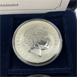 Four one ounce fine silver coins, forming 'The 2004 Famous World Silver Coin Collection', comprising United States eagle, Australian kangaroo, Chinese panda and Canadian maple leaf, cased with Westminster certificate 