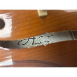 Four Chinese graduated violins - full size with 35.5cm two-piece back; three-quarter size with 33.5cm two-piece back; half size with 31cm two-piece back; and quarter size with 27.5cm two-piece back; all cased except full size; one with bow (4)