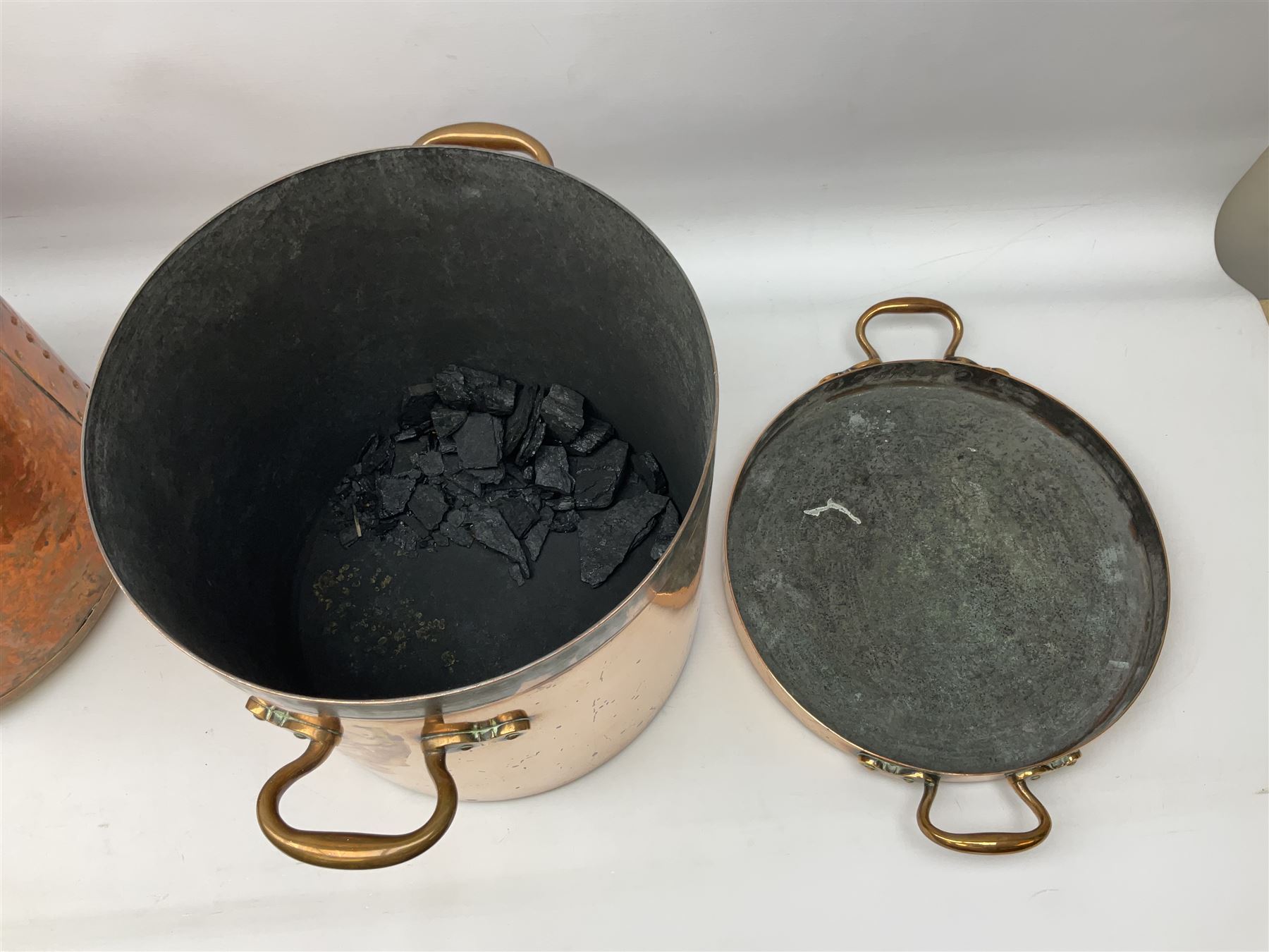 Large twin handled copper coal scuttle and cover and copper and brass riveted bucket with handle, bucket D36cm