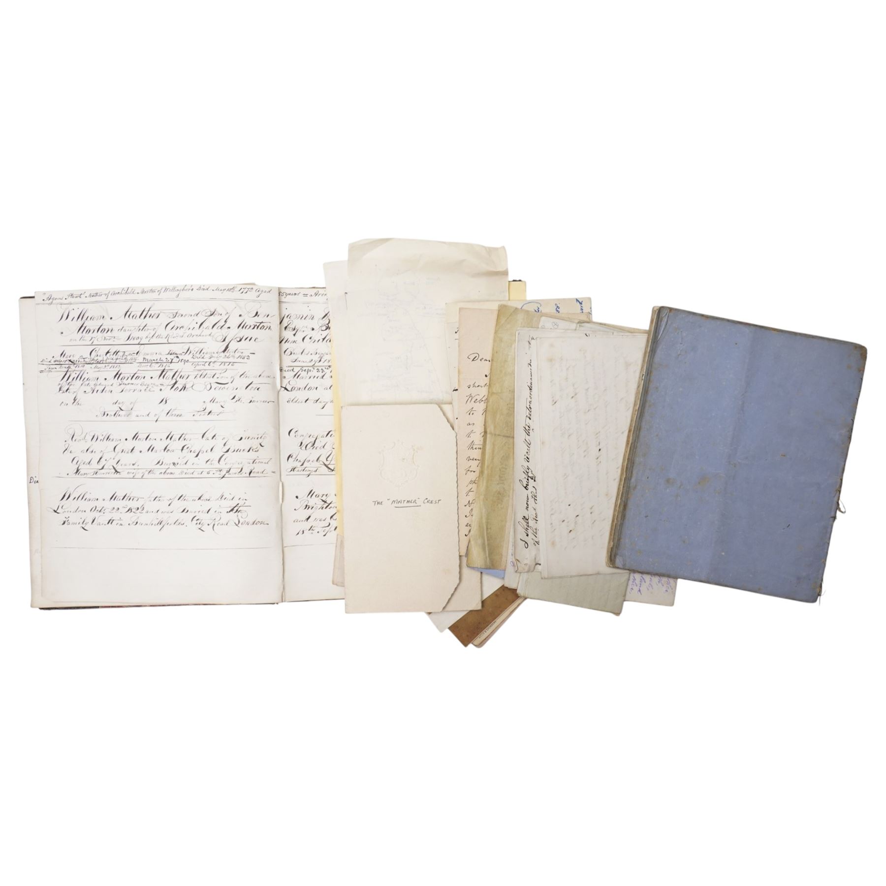 The Mather Family Archive - An extensive collection dating from 1690 to the 19th century of family indentures including Wills, Leases, Conveyances, Abstracts of Title etc .together with two 19th century photograph albums, ambrotypes, autograph and scrap books, ledgers etc and wall shields with the Mather crest, family tree etc.
The Mather family of Lancashire has a lineage of considerable historic interest on both sides of the Atlantic.  The family trace back to Richard Mather (1596-1669) a prominent Puritan minister who emigrated to New England in 1635. His descendants in America include his son, Increase Mather (1639-1732), president of Harvard College and his grandson Cotton Mather (1663-1728) who was an influential theologian and writer of early American history