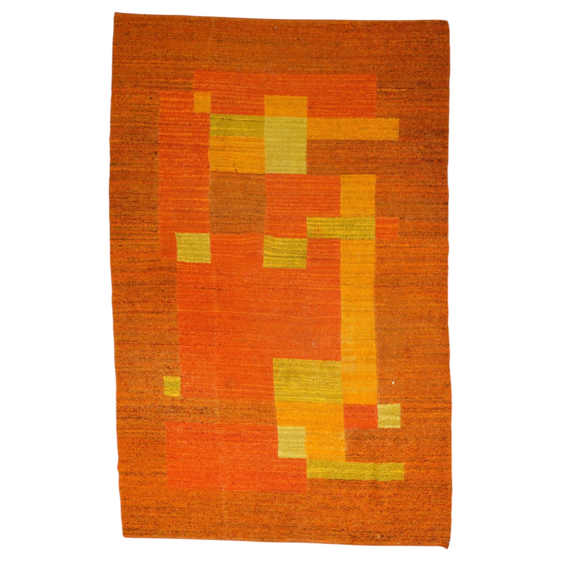 Vintage handwoven modernist rug with cubist design in contrasting tones of amber and orange