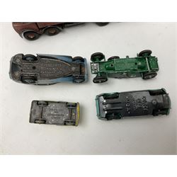 Dinky - sixteen unboxed and playworn die-cast models including Foden lorry, Big Bedford lorry with Halesowen Farm Trailer, Thunderbolt land speed record car, Spirit of the Wind racing car, market garden truck, Bedford tipper, station wagon, tanker, motorcycle combination etc; two Corgi models; and five Matchbox/Lesney models (23)