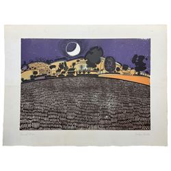 Graham Clarke (British 1941-): 'Harvest Moon' 'Hill at Woodlands' 'Behind Soreham', set four colour prints with fascimile signatures 42cm x 60cm (4) (unframed)