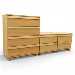 Ikea - 'Oppland' modern oak veneered chest of drawers and a pair of matching bedside chests, with moulded handles across the full width of the drawer, raised on block feet, Bedside tables (H 57cm, D 50cm, W 60cm) 