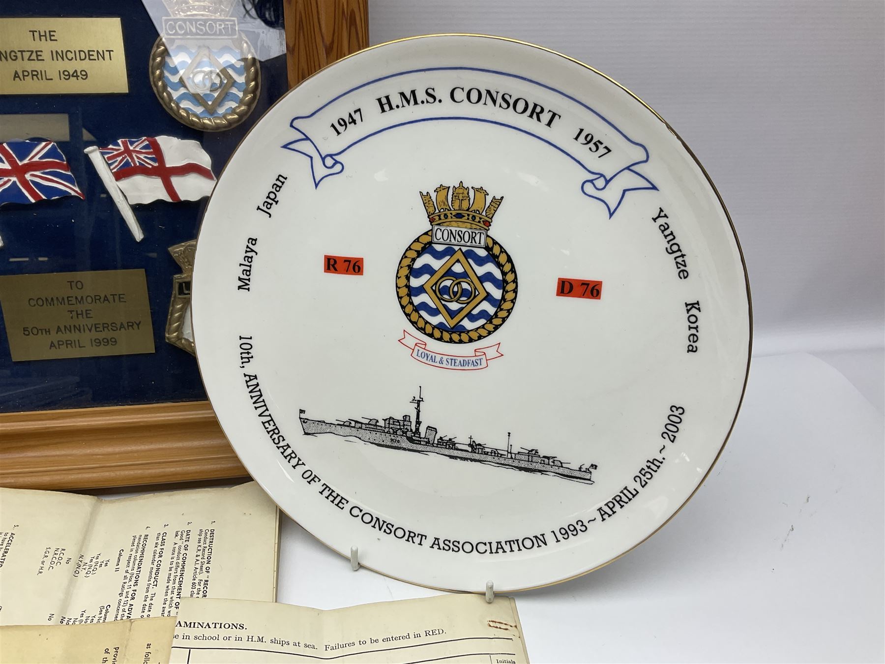1949 Yangtze Incident HMS Consort casualty Naval General Service Medal with two clasps for Yangtze 1949 and Malaya awarded to D/SSX. 788562 J. Tootell A.B.R.N.; with four other medals comprising Republic of Korea War Service Medal, Eastern Service Medal, unofficial British and Commonwealth Occupation Forces Association Occupation of Japan medal and IFKVWA 40th Anniversary Medal; together with an archive of contemporary and later related items including Certificate of Service 1946-54, Recommendations for Advancement and Conduct Record Sheet 1946-53, Quartermasters History Sheet 1949-53, Destroyer Association China Station 1945-53 beret, later manuscript journal with his own account of the Yangtze incident etc, Joe's birth certificate details dated 1968, reprinted half-length portrait in uniform, Manual of Seamanship 1937, modern shield and framed crests, blazer badges and metal badges and a copy of Loyal & Steadfast - The Story of HMS Consort 2008, which gives details of how Joe Tootell received his wounds, the extract reads ' When Consort came under fire a short time later it was a strange, perhaps unreal experience for many of the crew who had never seen action before. Ordinary Seaman Joe Tootell was in the wheelhouse. 'I could not see the action. We could hear the ship taking severe punishment. When the wheelhouse took a direct hit, killing the coxwain, Chief Petty Officer Gurney, and myself receiving multiple shrapnel wounds, the steering mechanism was put out of action.'
