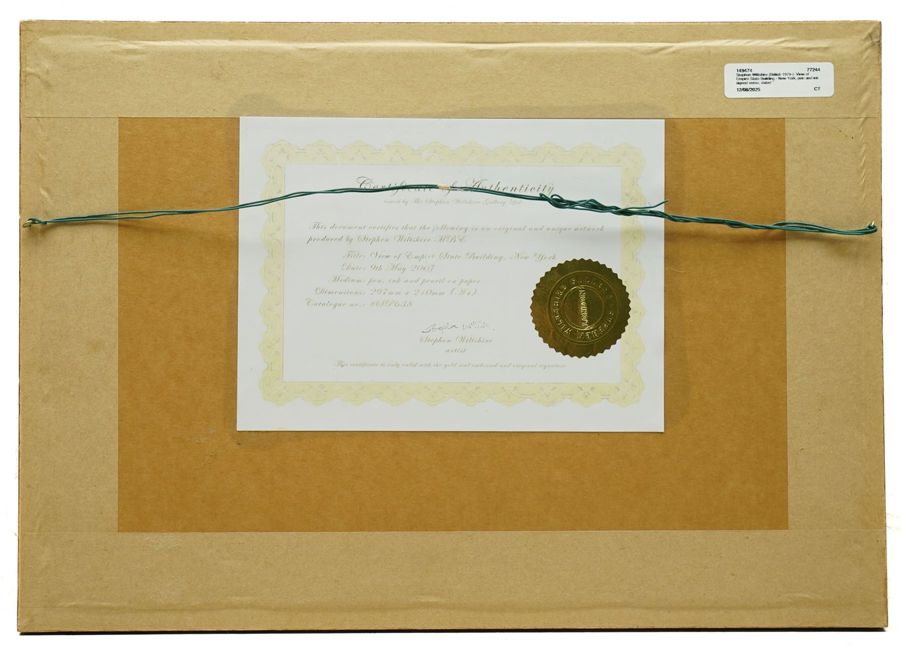 Stephen Wiltshire (British 1974-): 'View of Empire State Building - New York', pen and ink signed and dated '07, titled on certificate of authenticity verso 19cm x 26cm

Notes: Wiltshire is a renowned autistic savant who can produce detailed architectural drawings from memory after viewing a scene just once. He has been compared to the character of Raymond Babbitt in the 1988 film Rain Man, which the artist considers one of his favourite films. In 2006, he was awarded an MBE and opened a permanent gallery on the Royal Opera Arcade in London.