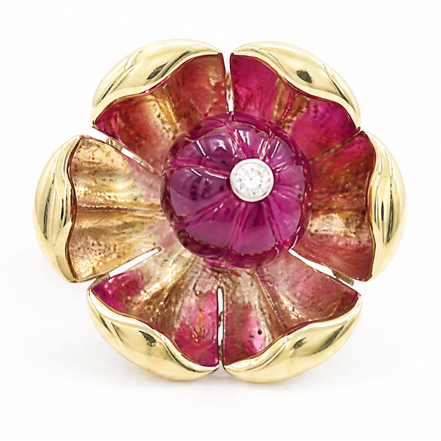 14ct gold ruby and diamond flower head ring, carved ruby set with a single round brilliant cut diamond, on a 9ct gold shank, hallmarked