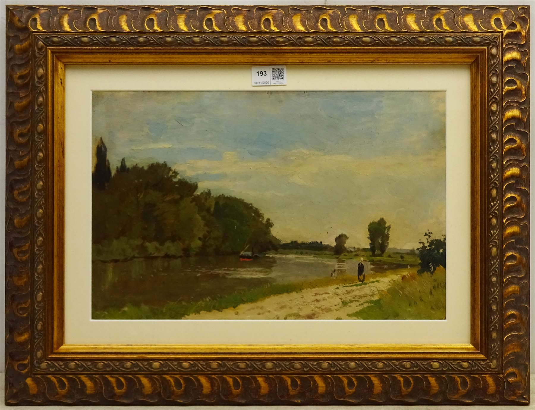 Edmond Marie Petit Jean (French 1844-1925): River Landscape, oil on board, artist's studio stamp verso 25cm x 39cm