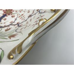 19th century Royal Crown Derby in cherry tree pattern, twin handled sauce dish and saucer and twin handled dish, together with three Royal Crown Derby plates, including one signed WEJ Dean