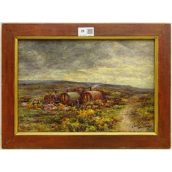 James Ulric Walmsley (British 1860-1954): Gypsy Caravans on the Yorkshire Moors, oil on board signed 23cm x 34cm

