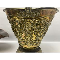 Victorian Benham & Froud Arts and Crafts brass coal scuttle, with Victorian diamond registration mark, together with a copper and brass scuttle of helmet form, tallest H50cm